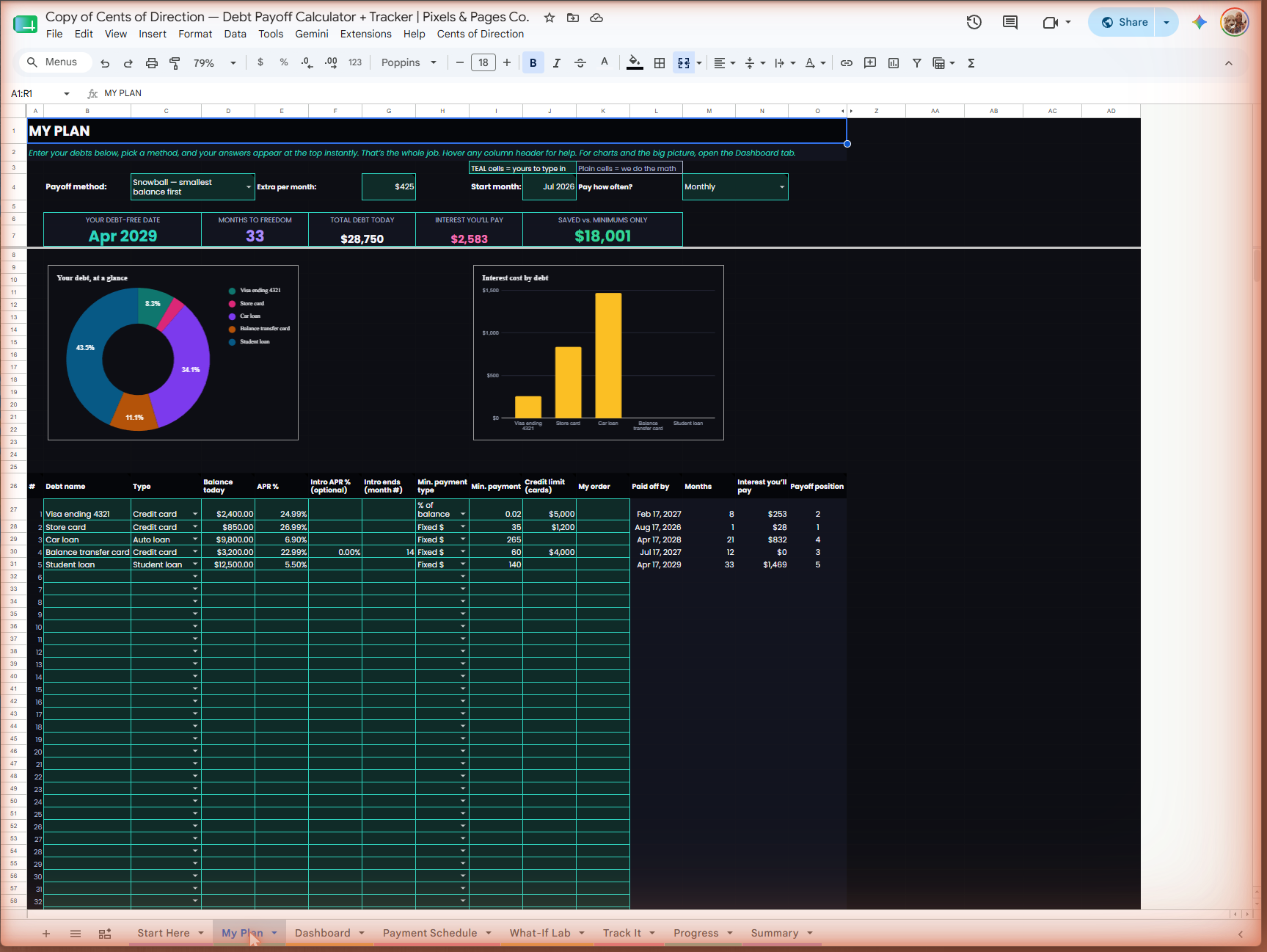Real screenshot — My Plan, enter debts once and pick a method