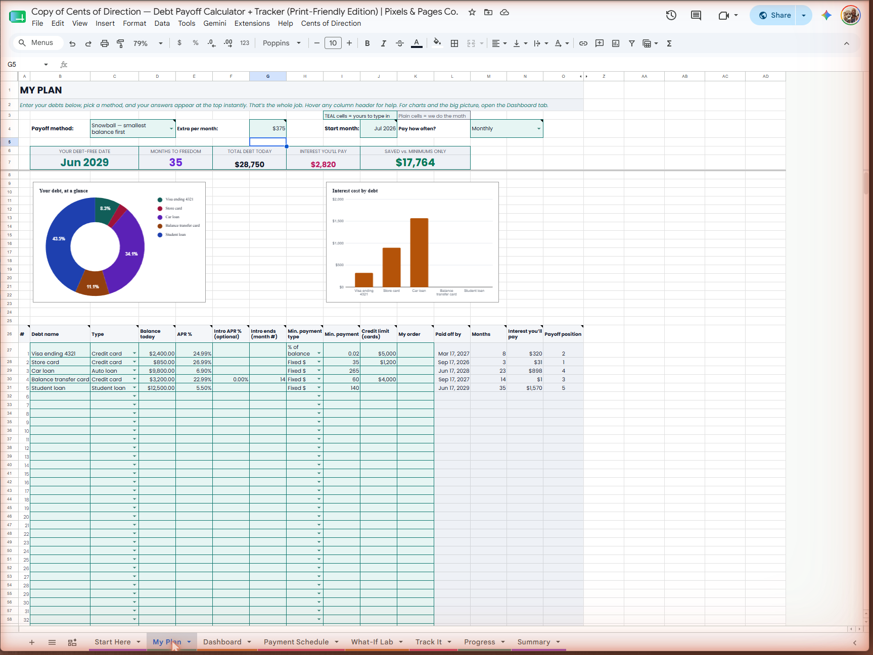 Real screenshot — My Plan, enter debts once and pick a method