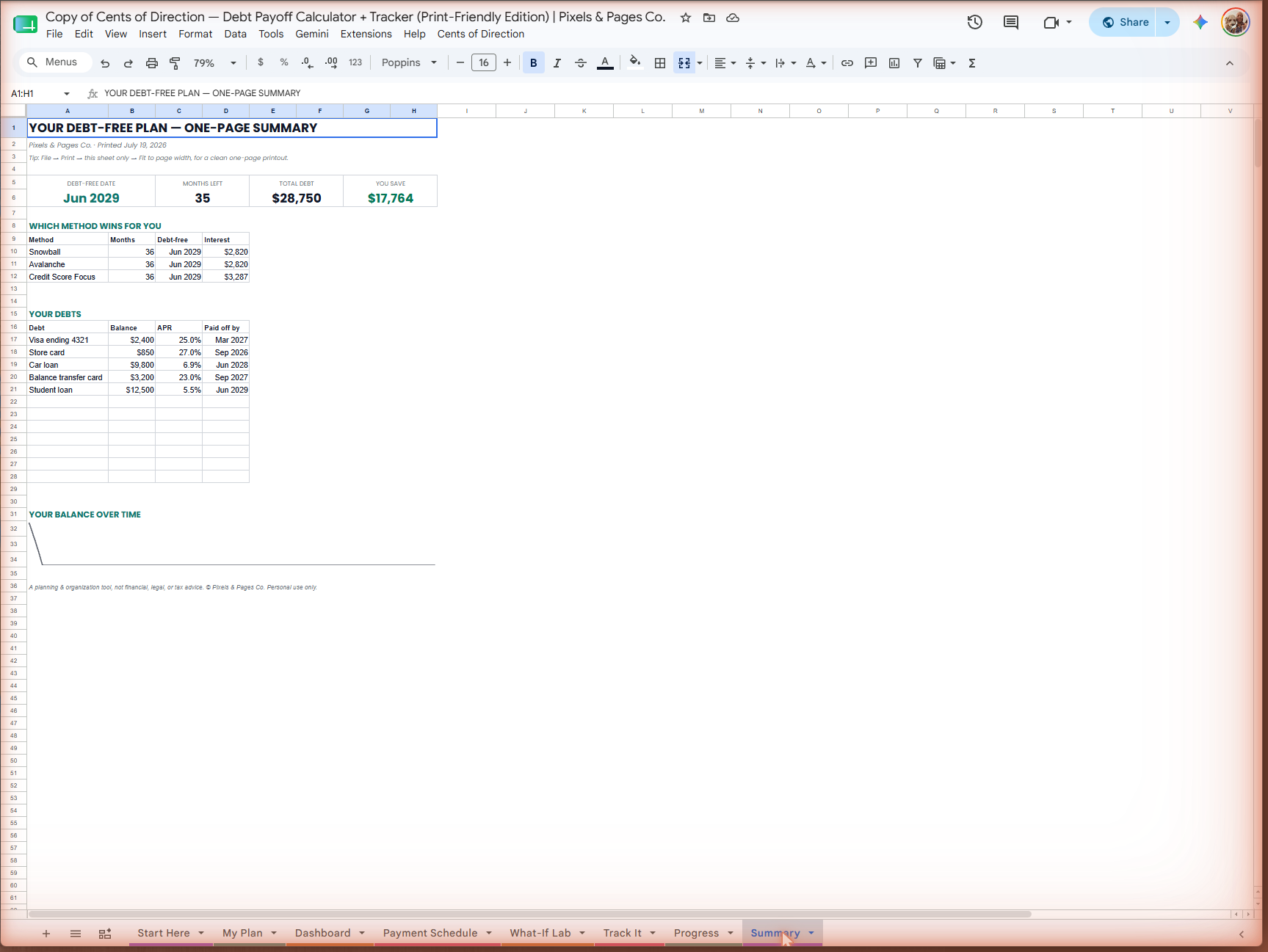 Real screenshot — the one-page print Summary